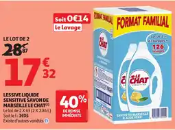 Auchan Lessive liquide sensitive savon de marseille chat offre