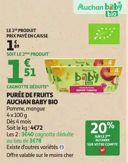 Auchan Purée de fruits auchan baby bio offre