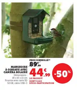Hyper U Mangeoire à oiseaux avec caméra solaire offre