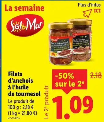 Lidl Sol&Mar Filets d'anchois à l'huile de tournesol offre