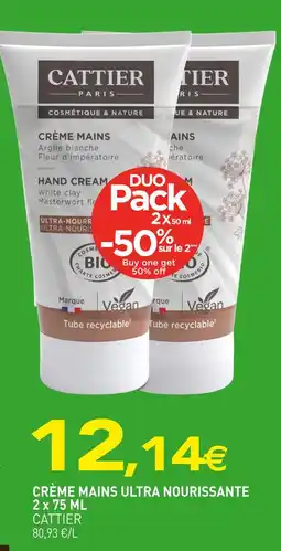 naturéO CATTIER Crème mains ultra nourrissante 2 x 75 ml offre