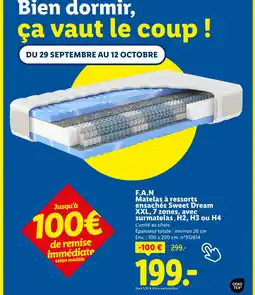 Lidl F.A.N matelas à ressorts ensachés sweet dream xxl, 7 zones, avec surmatelas , h2, h3 ou h4 offre