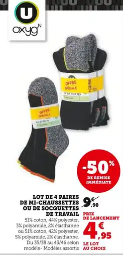 Super U Oxyg'N Lot de 4 paires de mi-chaussettes ou de socquettes de travail offre