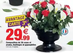 Bazarland Composition de 36 roses et arums, feuillages et gypsophiles offre