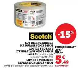 Hyper U Scotch - lot de 3 rubans de masquage 50m x 24mm lot d3 rubans d'emballage 66m x 48mm offre