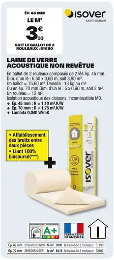 Brico Dépôt ISOVER Laine de verre acoustique non revêtue offre
