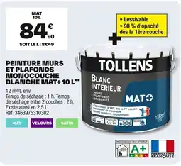 Brico Dépôt TOLLENS Peinture murs et plafonds monocouche blanche mat+ offre