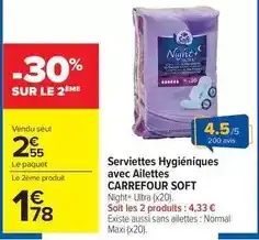 Carrefour Carrefour - serviettes hygiéniques avec ailettes soft offre