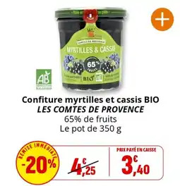 Coccinelle Supermarché Confiture myrtilles et cassis BIO LES COMTES DE PROVENCE offre
