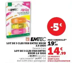 Super U Lot de 3 cles usb emtec neon offre