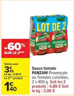 Carrefour Sauce tomate PANZANI Provençale ou Tomates cuisinées, 2 x 400 g offre