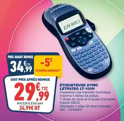 Bureau Vallée DYMO Étiqueteuse LetraTag LT-100H offre