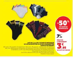 Hyper U Lot de 4, 5, 6 ou 7 paires d'invisibles ou de socquettes ou de mi-chaussettes offre