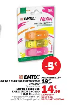 Hyper U EMTEC Lot de 3 cles usb neon offre