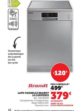 Hyper U BRANDT Lave-vaisselle 14 couverts offre
