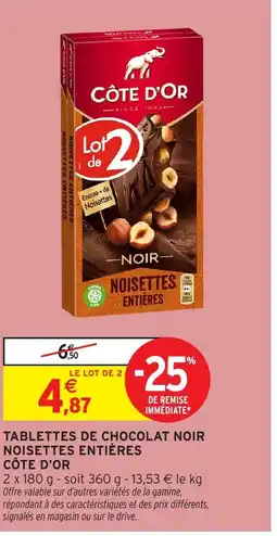Intermarché CÔTE D'OR Tablettes de chocolat noir noisettes entières offre