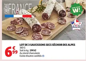 Auchan Lot de 3 saucissons secs séchoir des alpes offre