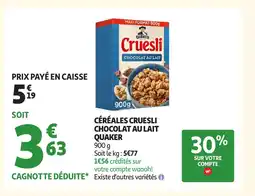 Auchan QUAKER Céréales cruesli chocolat au lait offre