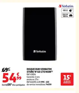 Auchan VERBATIM Disque dur store 'n' go 1to noir offre