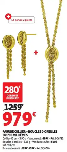 Auchan Parure collier + boucles d'oreilles or 750 millièmes offre