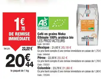 Promocash LES PROD'ACTEURS Café en grains Moka Éthiopie 100% arabica bio offre