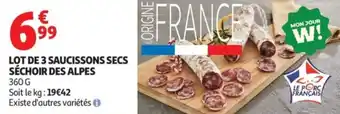 Auchan Supermarché Lot de 3 saucissons secs séchoir des alpes offre