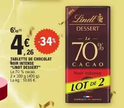 E.Leclerc TABLETTE DE CHOCOLAT NOIR INTENSE “LINDT DESSERT” offre