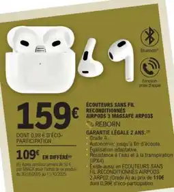 E.Leclerc ÉCOUTEURS SANS FIL RECONDITIONNÉS AIRPODS 3 MAGSAFE ARP03S offre