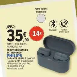E.Leclerc Écouteurs sans fil TAT3509GY/00 PHILIPS offre