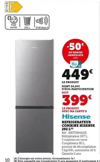 Hyper U HISENSE Réfrigérateur combine 292 l offre