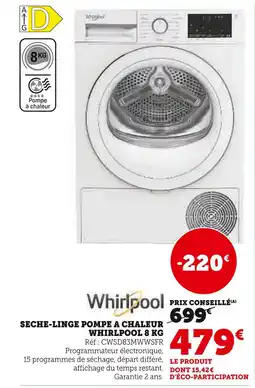 Hyper U WHIRLPOOL Sèche-linge pompe à chaleur 8 kg offre