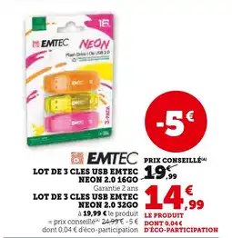 Super U EMTEC Lot de 3 clés USB Neon 2.0 16GO offre