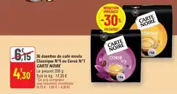 G20 CARTE NOIRE 36 dosettes de café moulu Classique N°5 ou Corsé N°7 offre