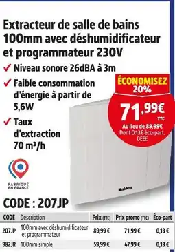 Screwfix Extracteur de salle de bains 100mm avec déshumidificateur et programmateur 230V offre