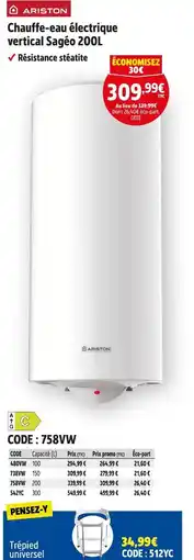 Screwfix ARISTON Chauffe-eau électrique vertical Sagéo 200L offre
