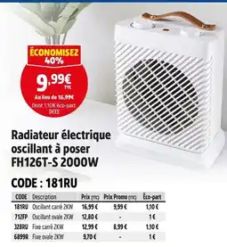 Screwfix Radiateur électrique oscillant à poser FH126T-S 2000W offre