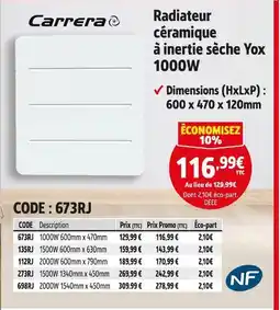 Screwfix CARRERA Radiateur céramique à inertie sèche Yox 1000W offre