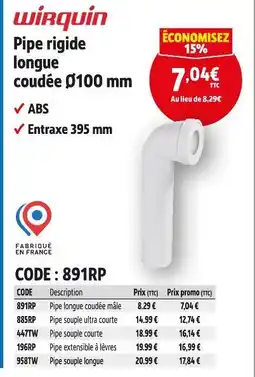 Screwfix WIRQUIN Pipe rigide longue coudée offre