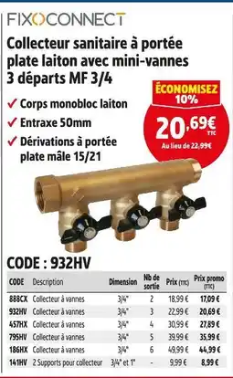 Screwfix FIXOCONNECT Collecteur sanitaire à portée plate laiton avec mini-vannes 3 départs MF 3/4 offre