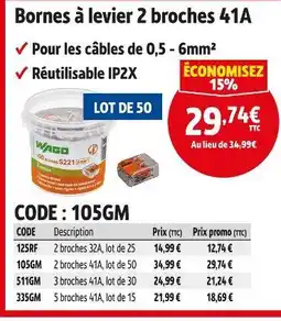 Screwfix WAGO Bornes à levier 2 broches 41A offre