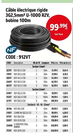 Screwfix Câble électrique rigide 3G2,5mm² U-1000 R2V offre