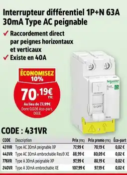 Screwfix Interrupteur différentiel 1P+N 63A 30mA Type AC peignable XP offre