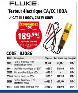 Screwfix FLUKE Testeur électrique CA/CC 100A offre