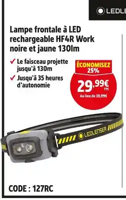 Screwfix LEDLENSER Lampe frontale à LED rechargeable HF4R Work noire et jaune 130lm offre