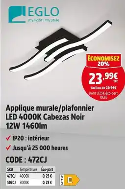 Screwfix EGLO Applique murale/plafonnier LED 4000K Cabezas Noir 12W 1460lm offre