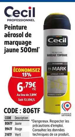 Screwfix CECIL PROFESSIONNEL Peinture aérosol de marquage jaune 500ml offre