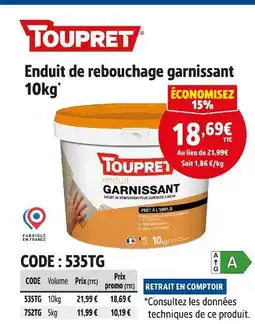 Screwfix TOUPRET Enduit de rebouchage garnissant 10kg offre