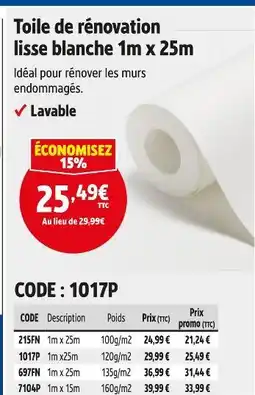 Screwfix Toile de rénovation lisse blanche 1m x 25m offre