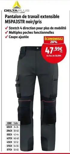 Screwfix DELTA PLUS Pantalon de travail extensible M5PA3STR noir/gris offre