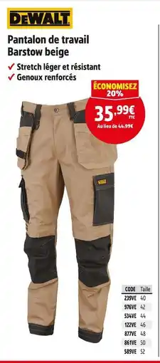 Screwfix DEWALT Pantalon de travail Barstow beige offre